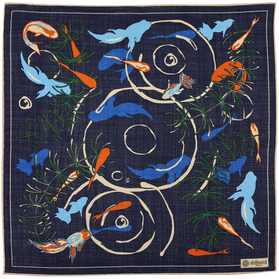 Koi Motif Wool / Silk Pocket Square - Navy - 40x40cm
