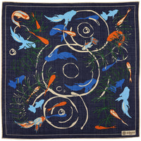Koi Motif Wool / Silk Pocket Square - Navy - 40x40cm