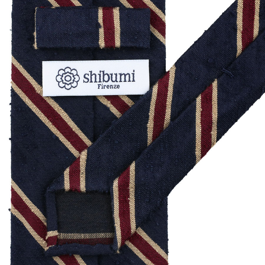 Striped Shantung Silk Tie - Navy - Hand-Rolled