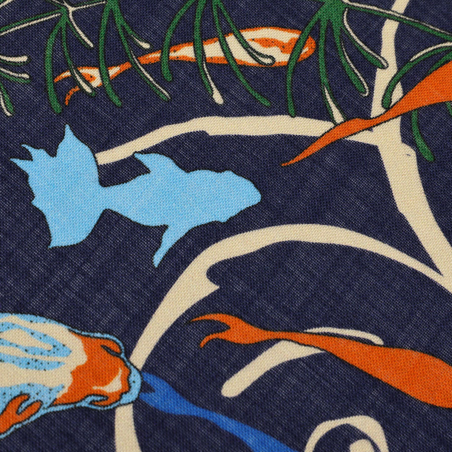 Koi Motif Wool / Silk Pocket Square - Navy - 40x40cm