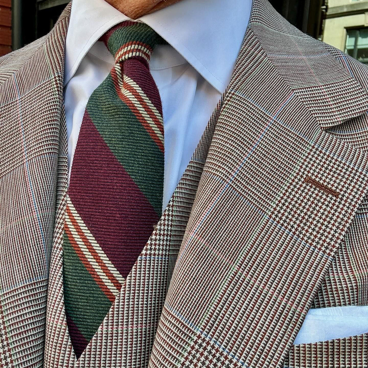 Japanese Striped Wool Tie - Burgundy / Olive