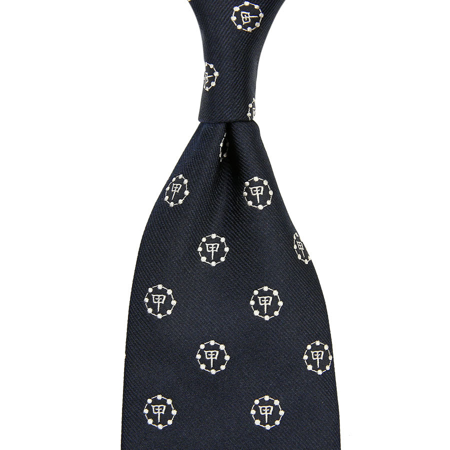 Gion Crest Jacquard Silk Tie - Navy - Hand-Rolled