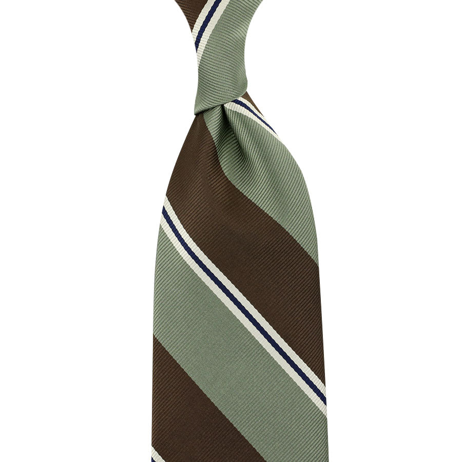 Japanese Repp Stripe Silk Tie - Brown / Army - Hand-Rolled