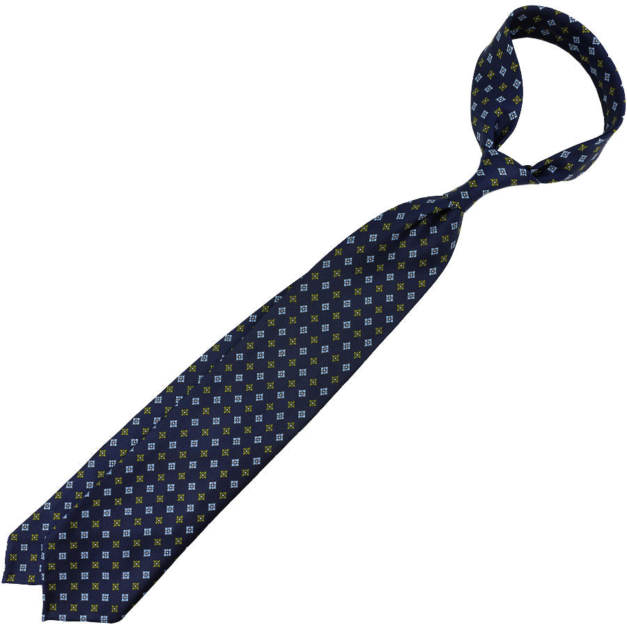 50oz Floral Printed Silk Tie - Navy - Hand-Rolled