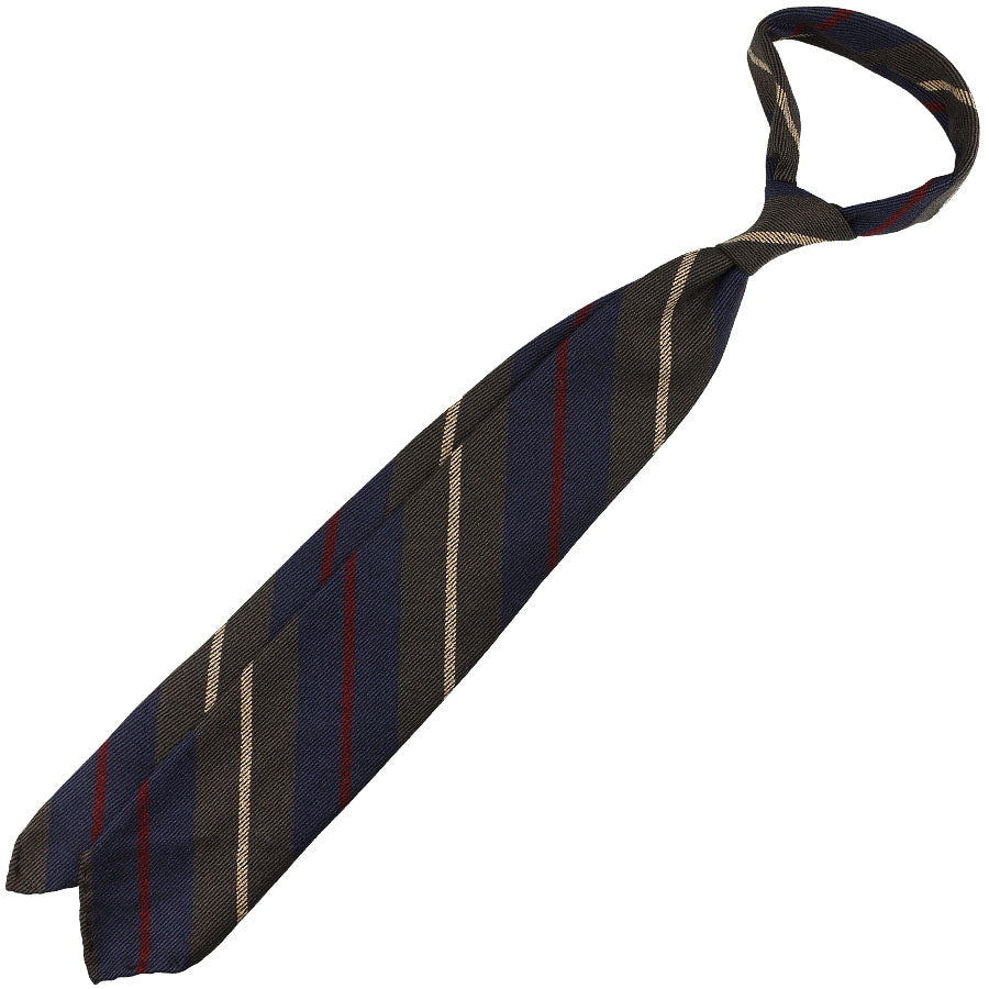 Striped Wool / Silk Tie - Navy / Brown - Hand-Rolled