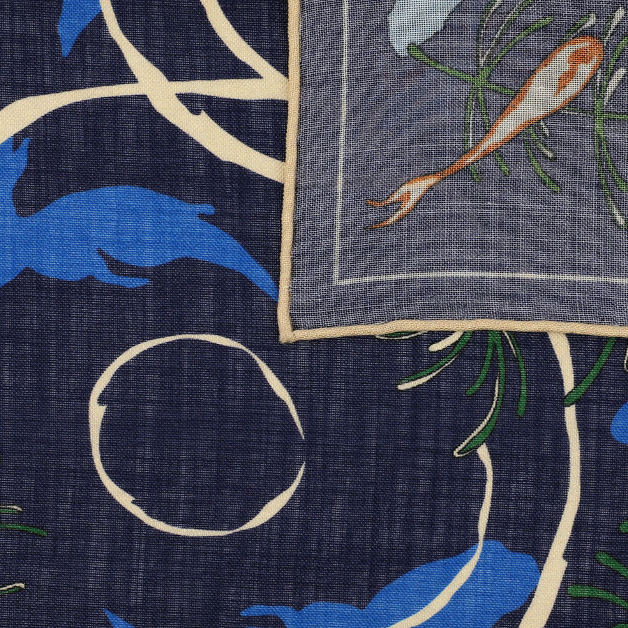 Koi Motif Wool / Silk Pocket Square - Navy - 40x40cm