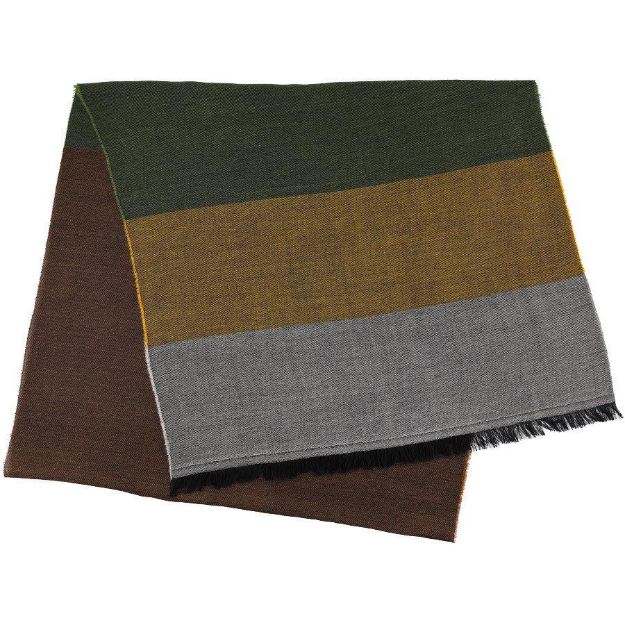 Striped Wool / Silk Scarf - Brown / Green / Yellow / Grey