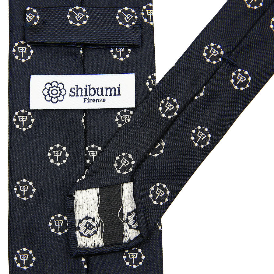 Gion Crest Jacquard Silk Tie - Navy - Hand-Rolled