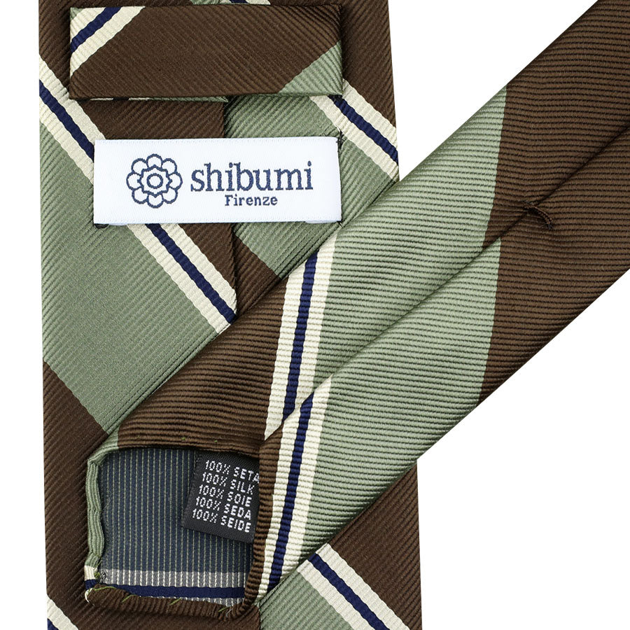 Japanese Repp Stripe Silk Tie - Brown / Army - Hand-Rolled