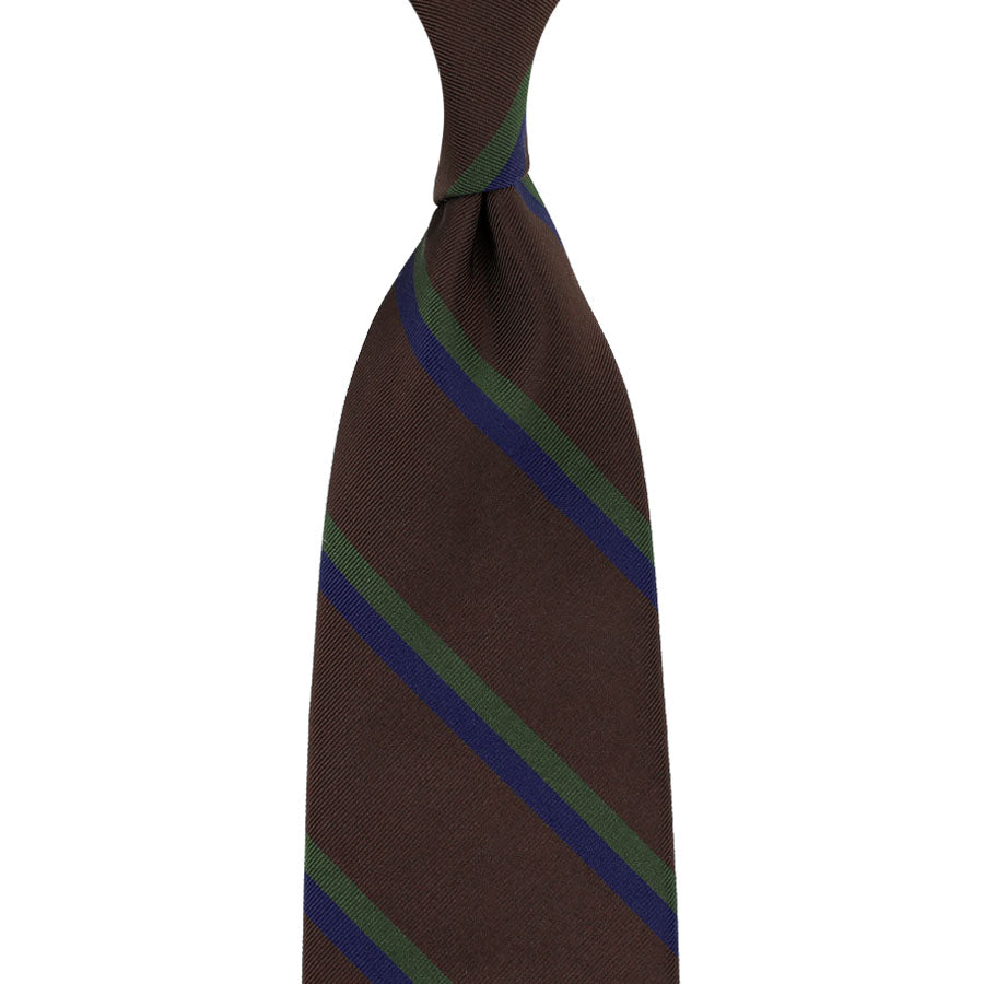 Repp Stripe Silk / Cotton Tie - Brown / Olive / Navy