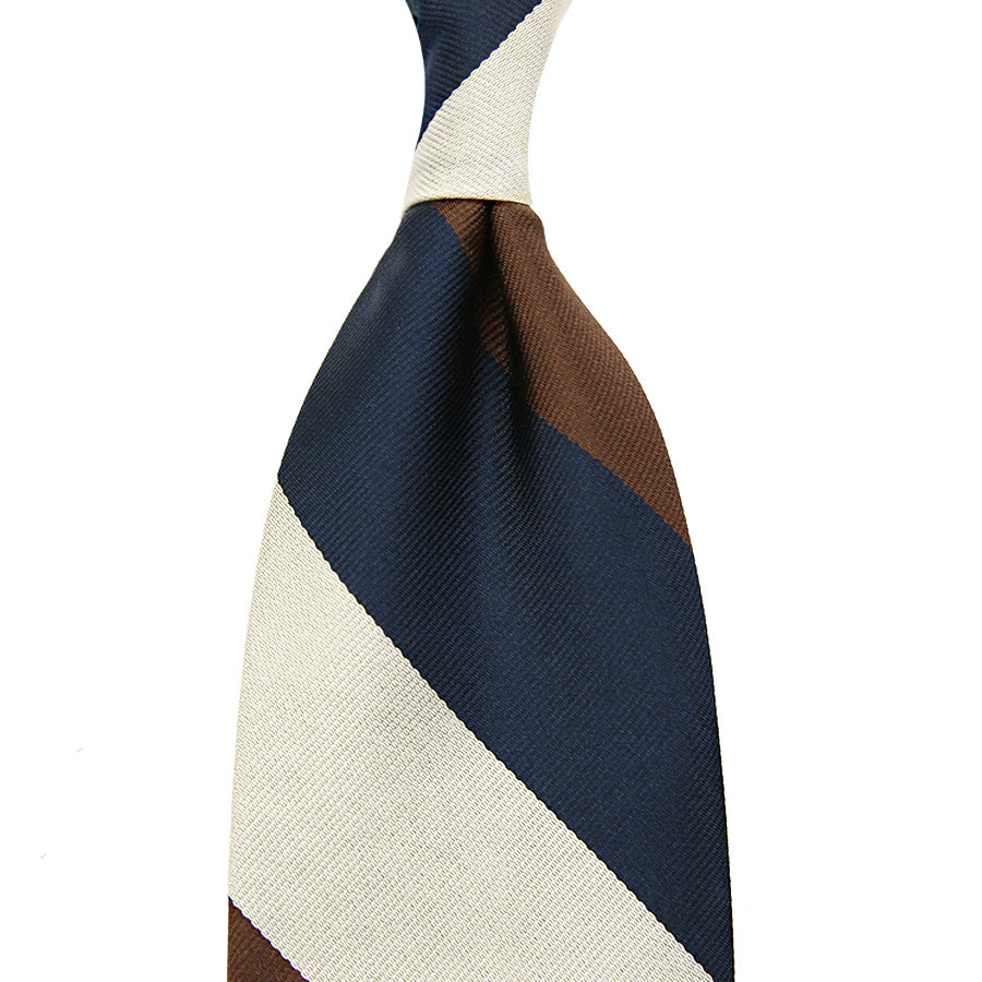 Triple Block Stripe Silk Tie - Navy / Brown / Ivory - Hand-Rolled
