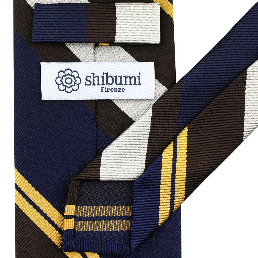 Japanese Repp Stripe Silk Tie - Navy / Brown / Ivory / Yellow