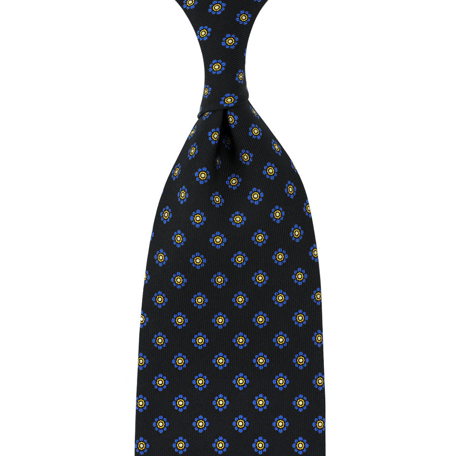 Shibumi-Flower Printed Silk Tie - Black - Hand-Rolled