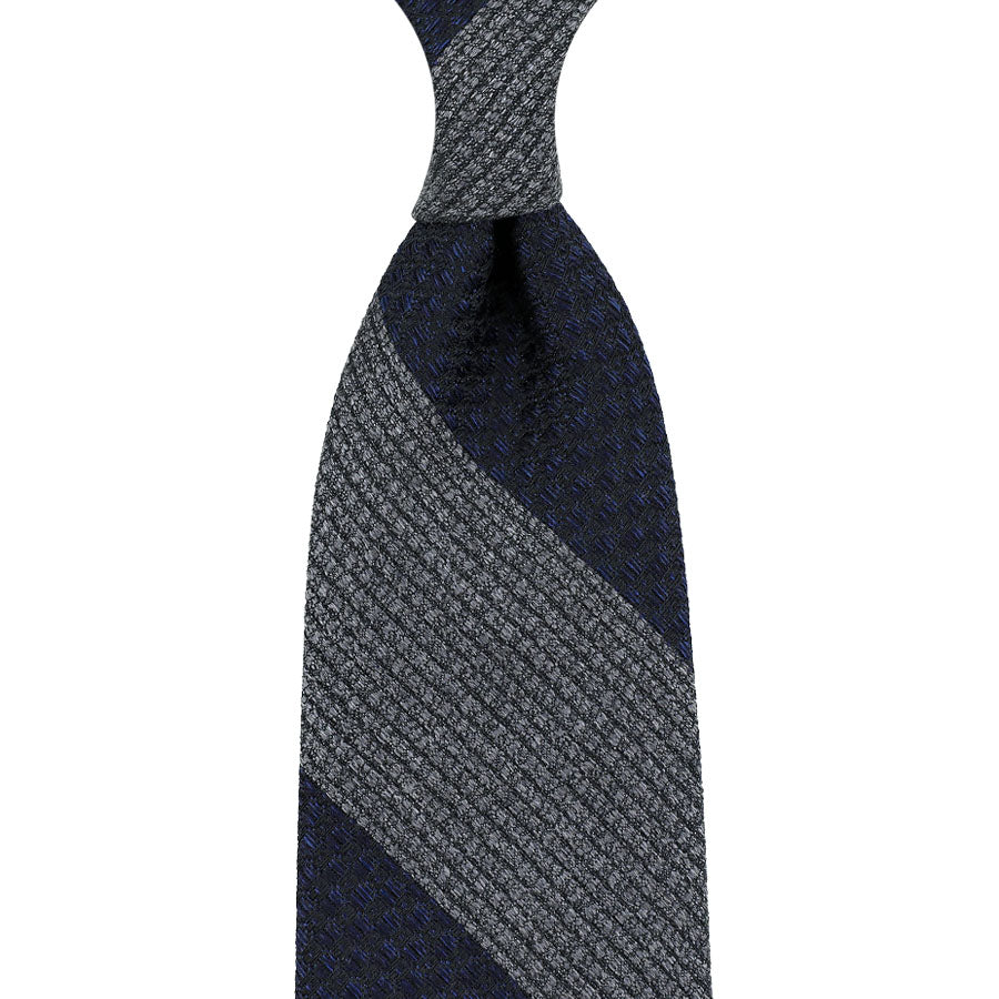 Block Stripe Silk / Wool / Cotton Tie - Navy / Grey