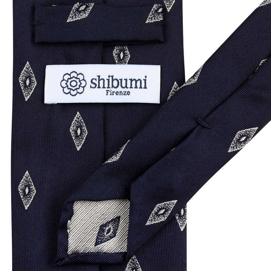 Geometrical Jacquard Silk Tie - Navy - Hand-Rolled