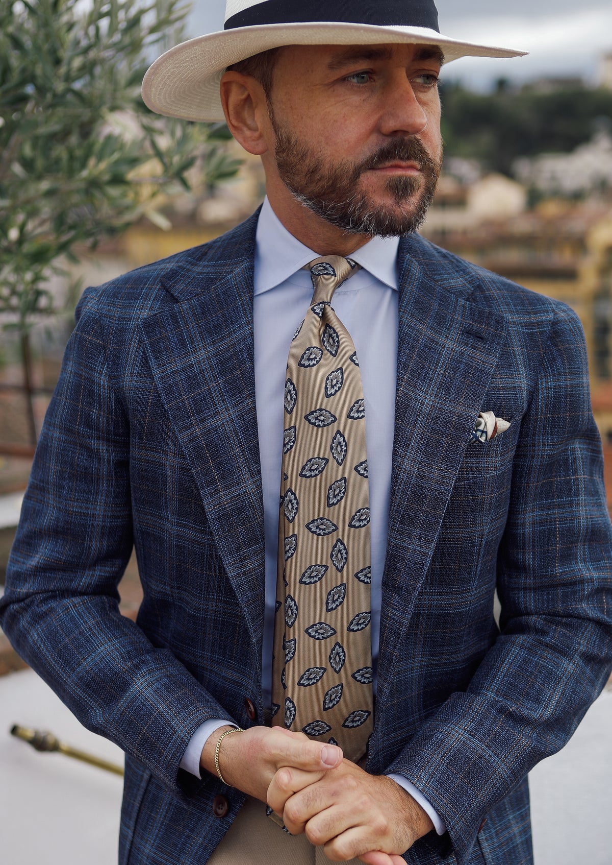 Geometrical Japanese Jacquard Silk Tie - Beige - Hand-Rolled