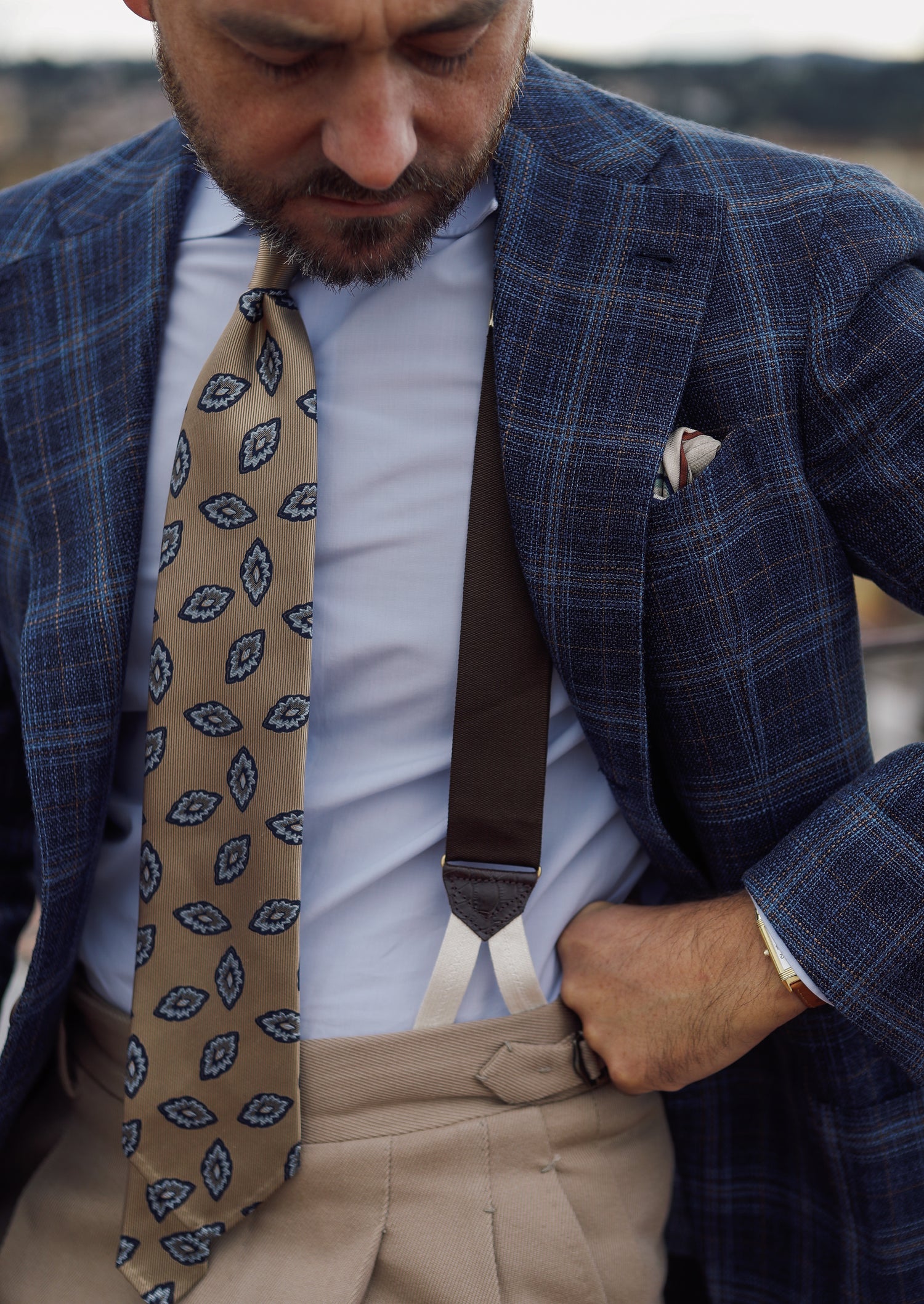 Geometrical Japanese Jacquard Silk Tie - Beige - Hand-Rolled