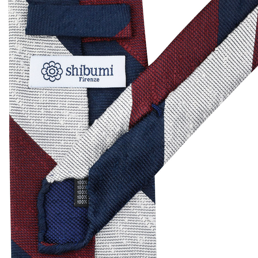 Triple Block Stripe Shantung Silk Tie - Navy / Burgundy / White