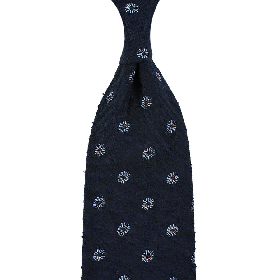 Floral Shantung Silk Tie - Navy - Hand-Rolled