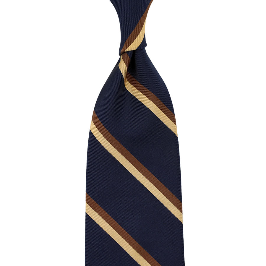 Repp Stripe Silk / Cotton Tie - Navy / Brown / Cream