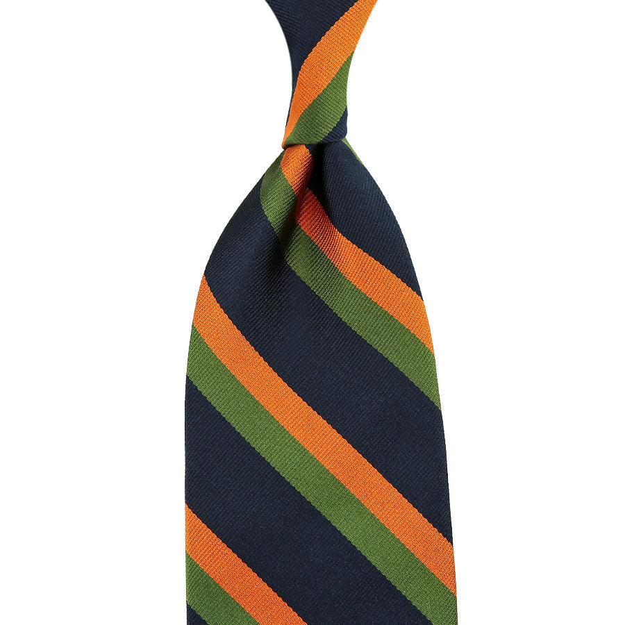Repp Stripe Silk Tie - Navy / Orange / Olive - Hand-Rolled