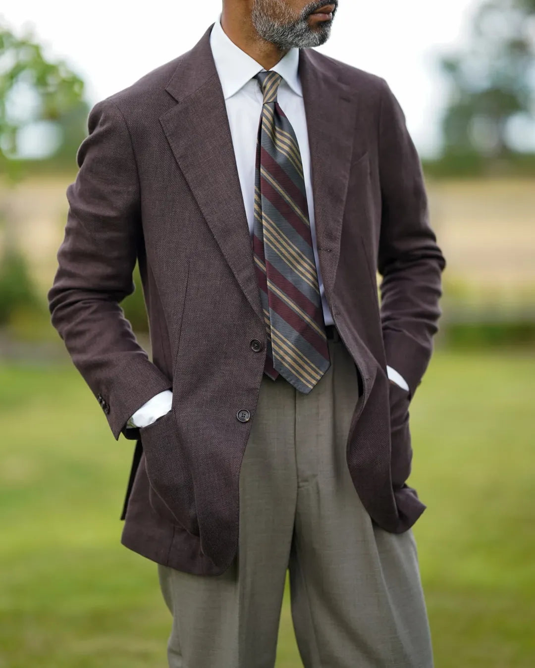 Repp Stripe Silk Tie - Burgundy / Grey / Beige