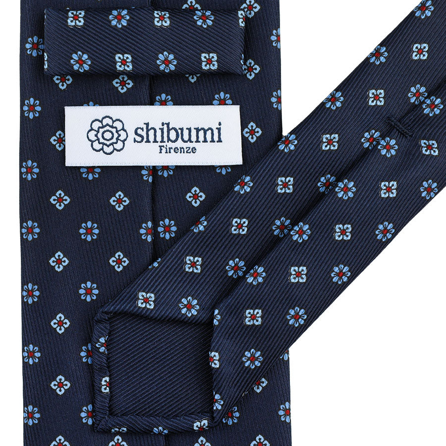50oz Floral Printed Silk Tie - Navy - Hand-Rolled