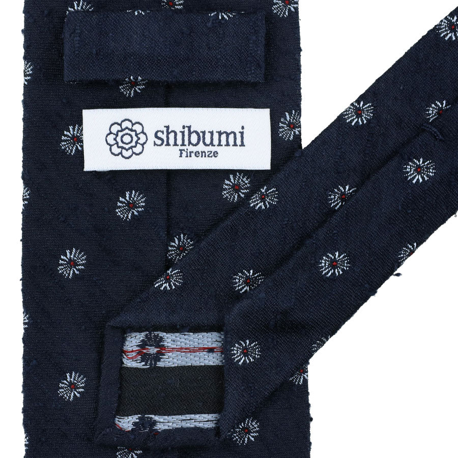 Floral Shantung Silk Tie - Navy - Hand-Rolled