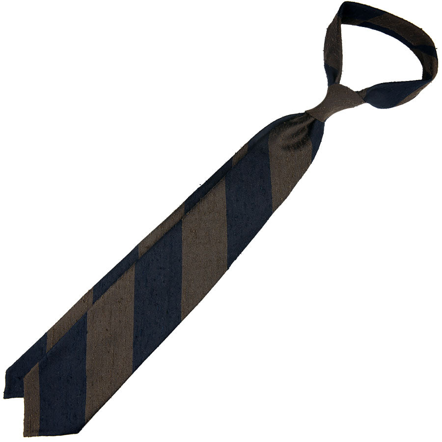 Block Stripe Soft Shantung Silk Tie - Navy / Brown