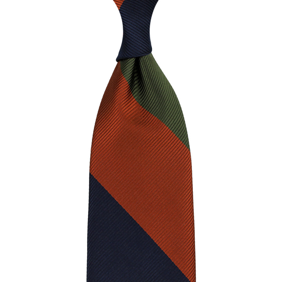 Japanese Repp Stripe Silk Tie - Rust / Navy / Olive