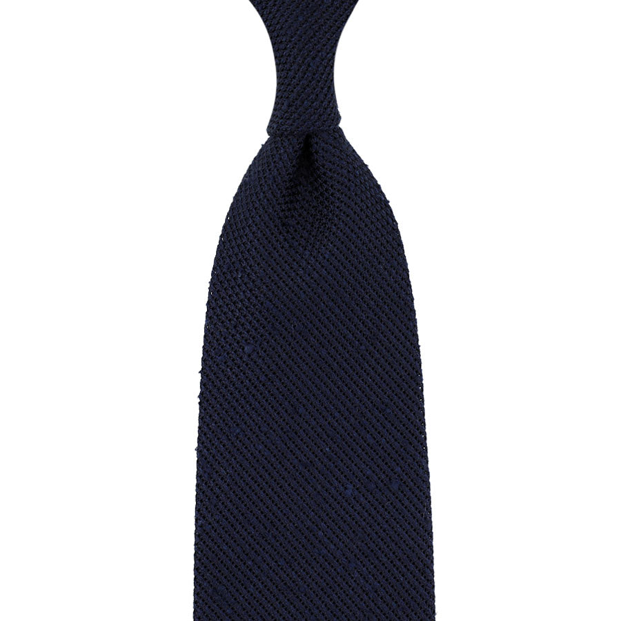 Plain Shantung Grenadine Silk Tie - Navy - Hand-Rolled