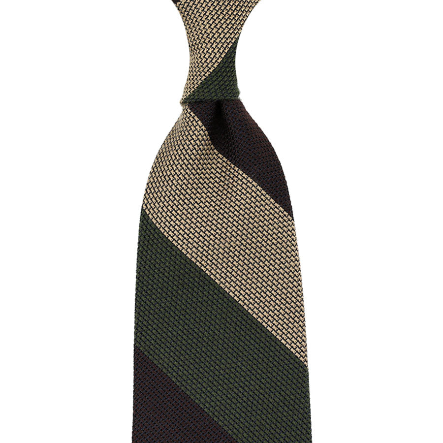 Triple Block Stripe Cashmere / Silk Grenadine Tie - Olive / Brown / Beige