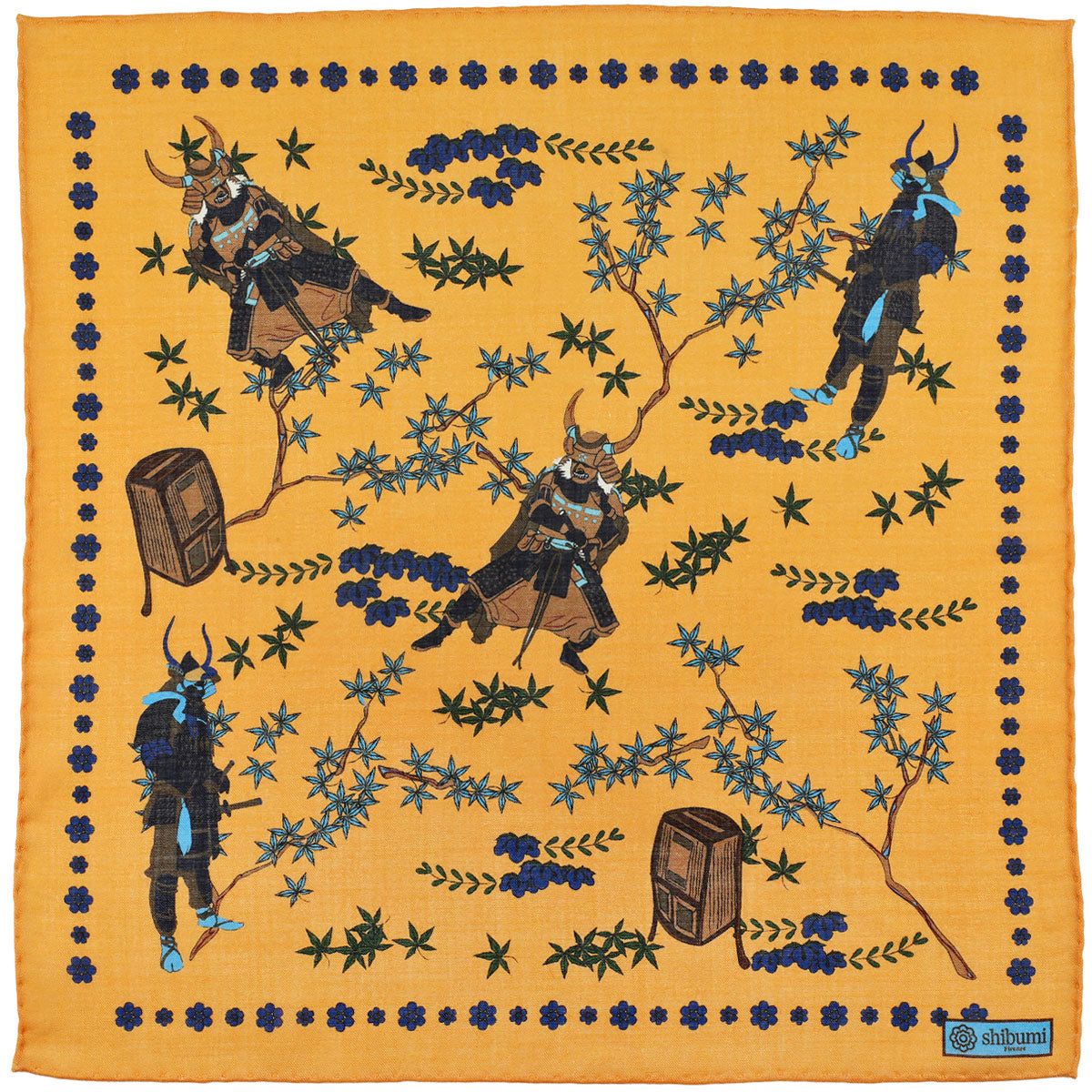 Samurai Motif Wool / Silk Pocket Square - Orange - 40x40cm