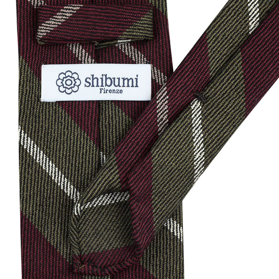 Striped Wool / Silk Tie - Olive / Burgundy - Hand-Rolled