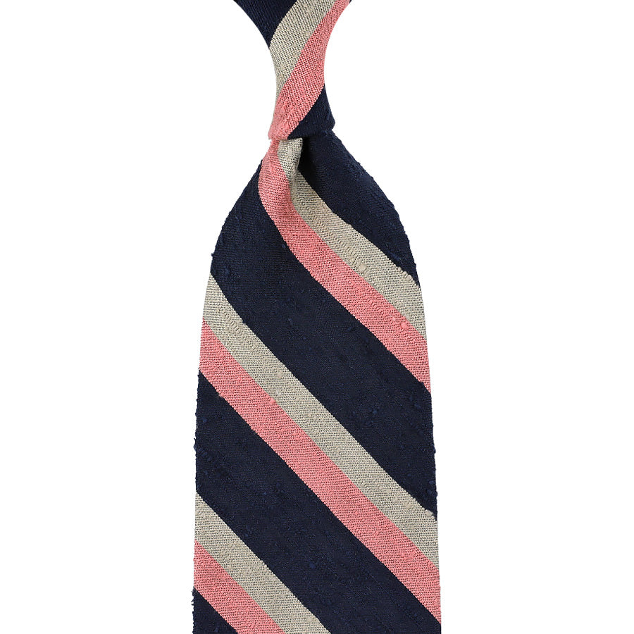 Striped Shantung Silk Tie - Navy / Beige / Pink - Hand-Rolled