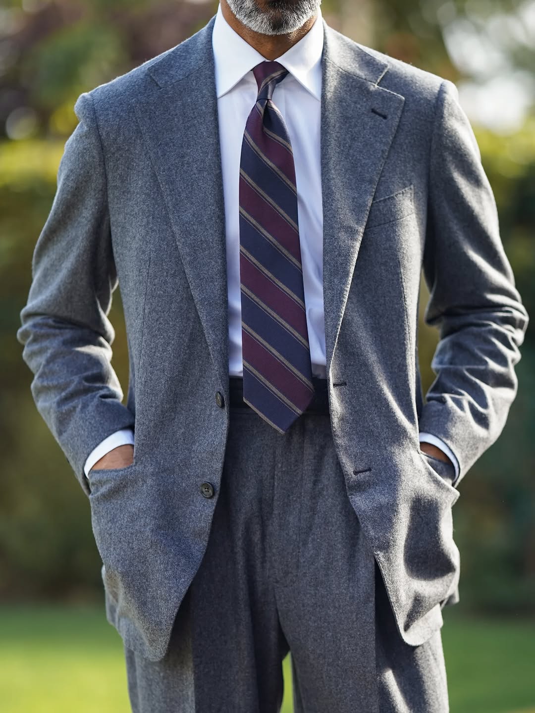 Striped Wool / Silk Tie - Navy / Burgundy - Hand-Rolled