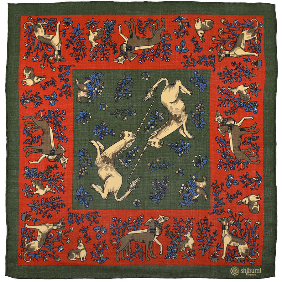 Animal Motif Wool / Silk Pocket Square - Rust / Olive