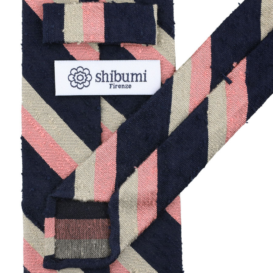 Striped Shantung Silk Tie - Navy / Beige / Pink - Hand-Rolled