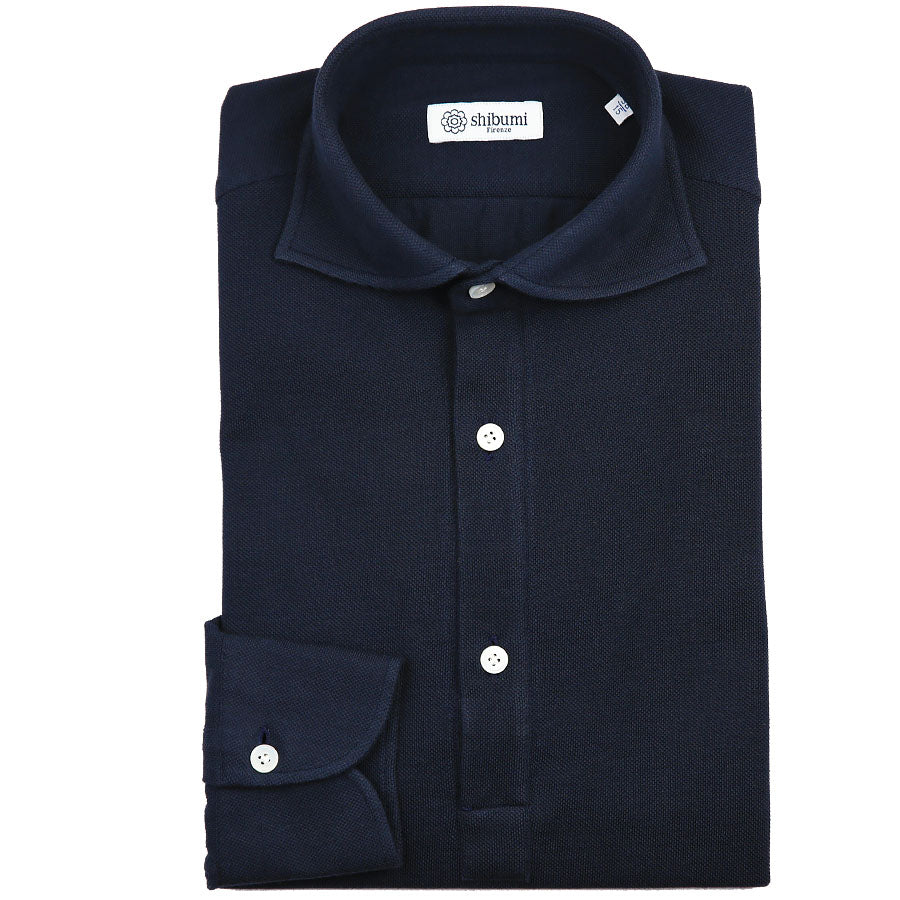Long Sleeved Polo Shirt - Wide Spread - Navy - Regular Fit