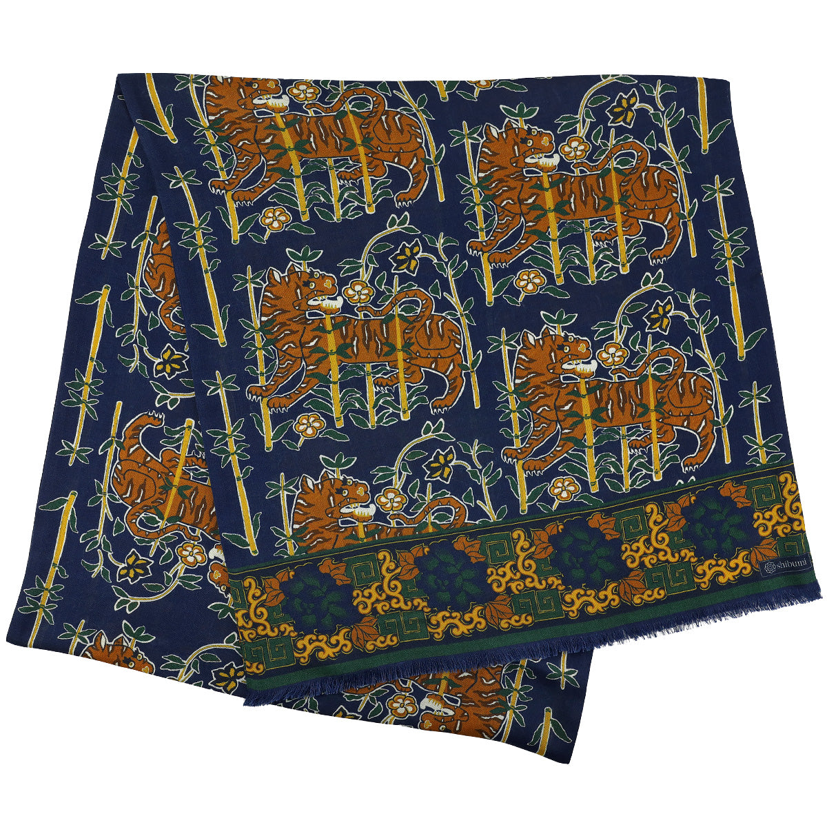 Tiger Printed Wool / Silk Scarf - Navy