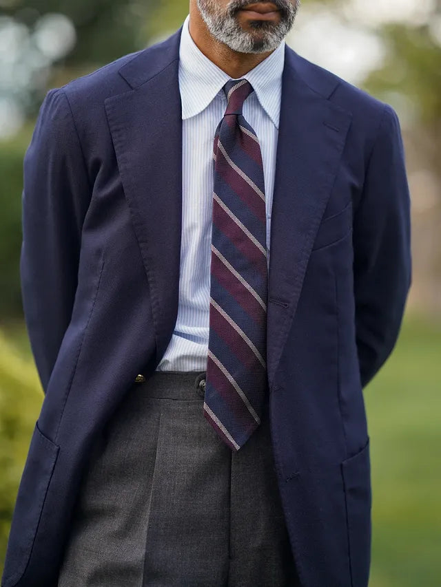 Striped Fina Grenadine Silk Tie - Navy / Burgundy / White