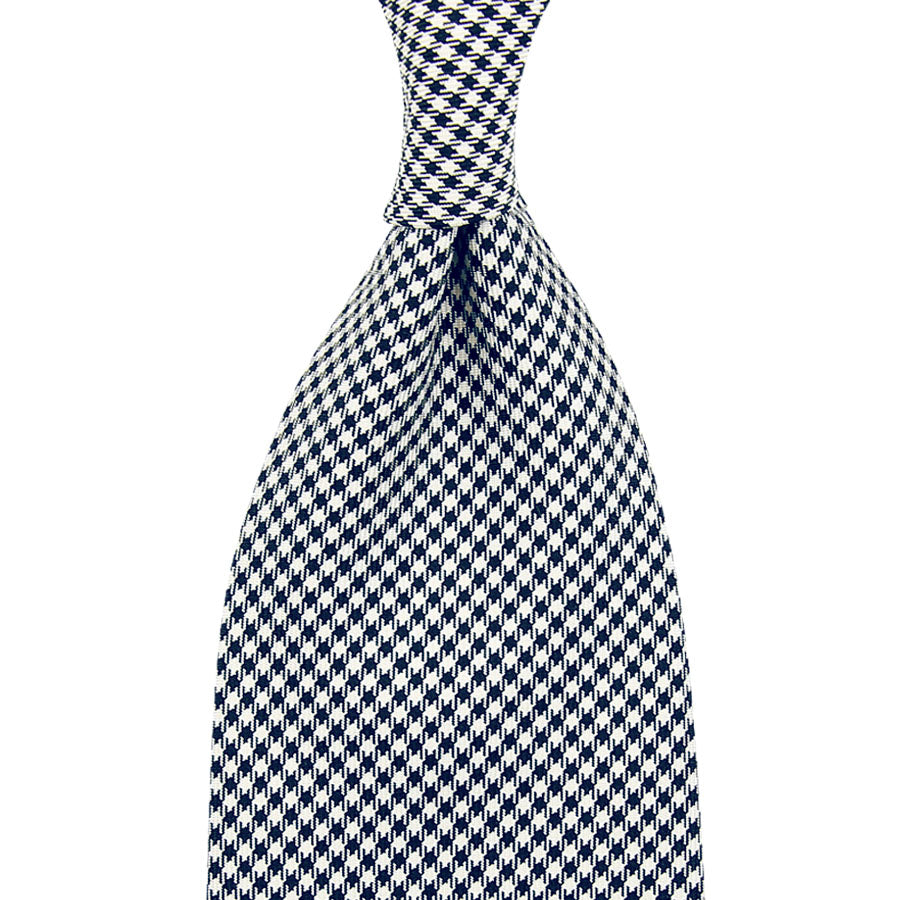 Houndstooth Silk Tie - Navy / White - Hand-Rolled