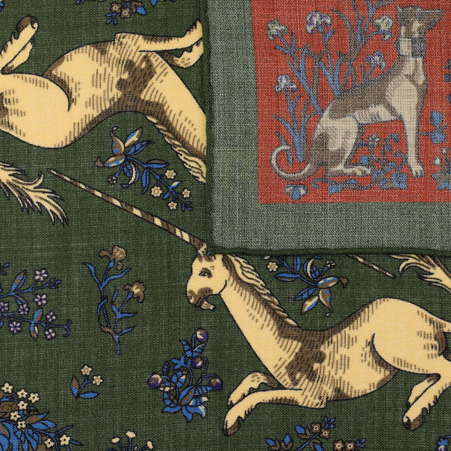 Animal Motif Wool / Silk Pocket Square - Rust / Olive