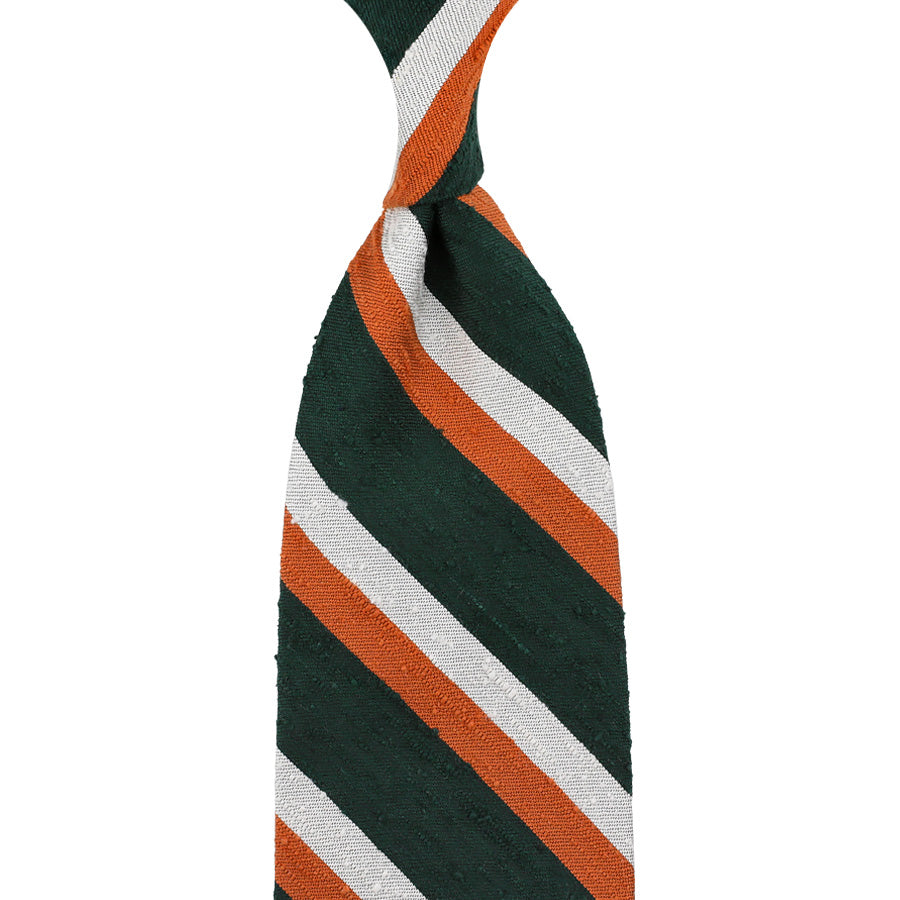 Striped Shantung Silk Tie - Forest / White / Rust - Hand-Rolled