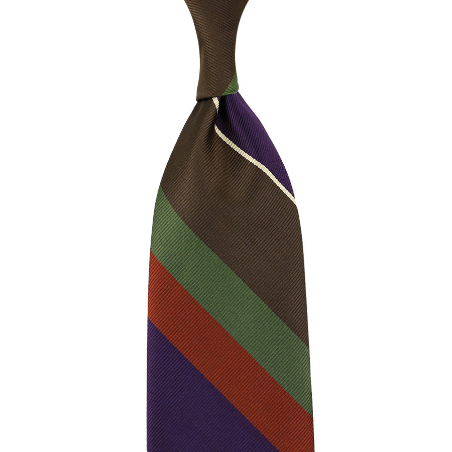 Japanese Repp Stripe Silk Tie - Brown / Olive / Eggplant / Rust