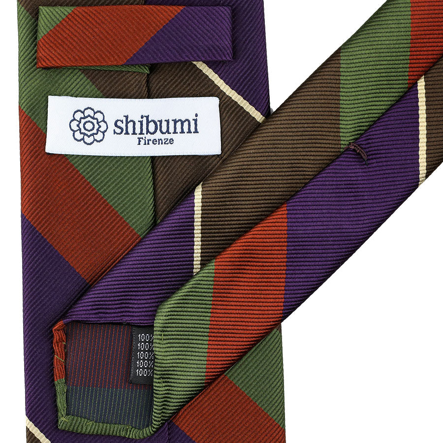 Japanese Repp Stripe Silk Tie - Brown / Olive / Eggplant / Rust