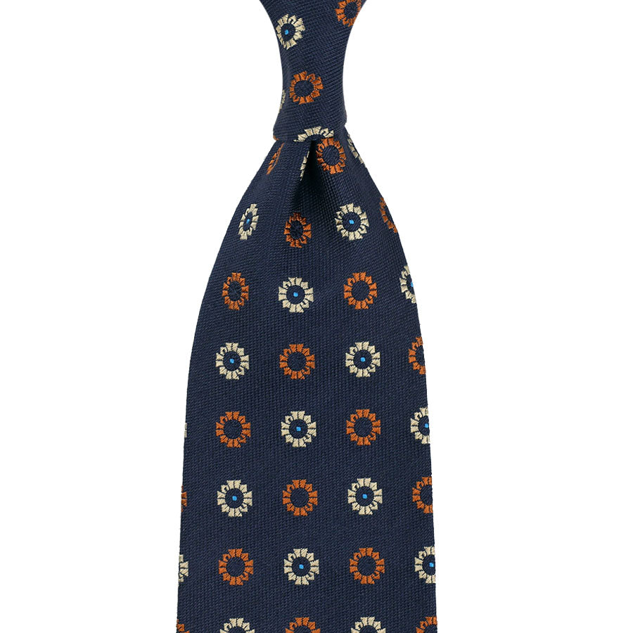 Floral Jacquard Silk Tie - Navy - Hand-Rolled