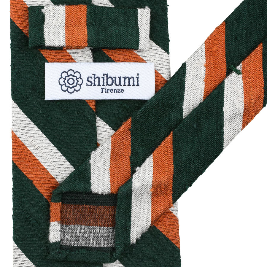 Striped Shantung Silk Tie - Forest / White / Rust - Hand-Rolled