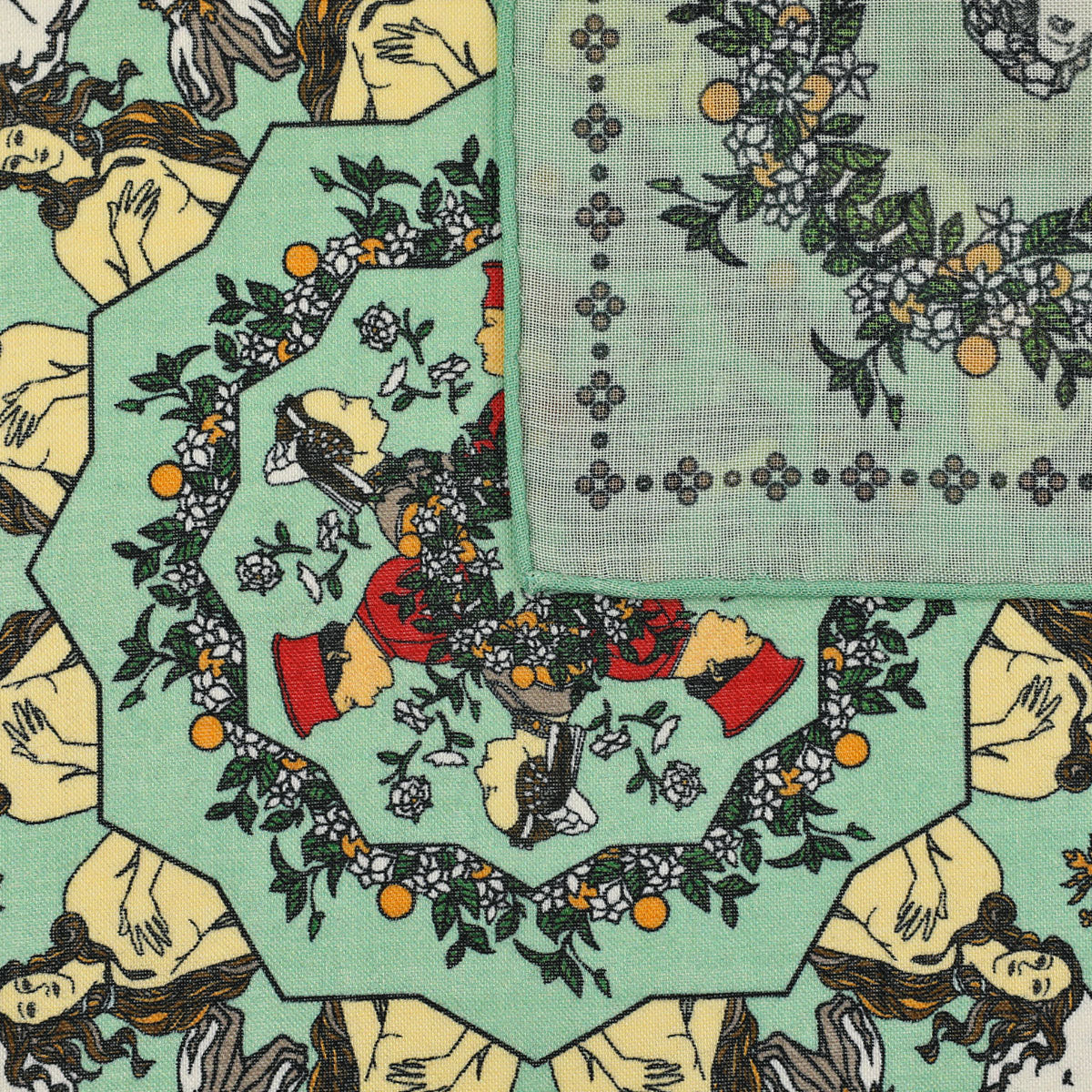 Renaissance Motif Wool / Silk Pocket Square - Pistachio - 40x40cm