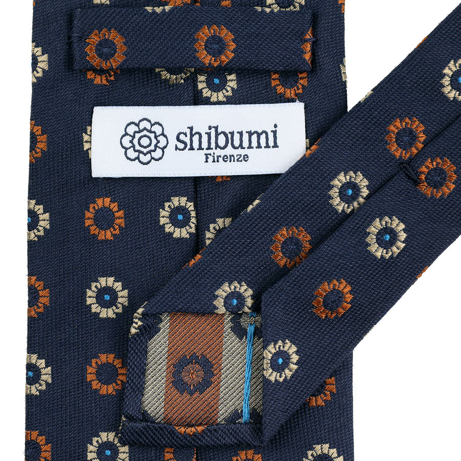 Floral Jacquard Silk Tie - Navy - Hand-Rolled